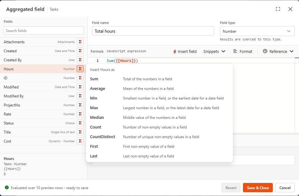 Adding the Total hours aggregated field with the Σ menu