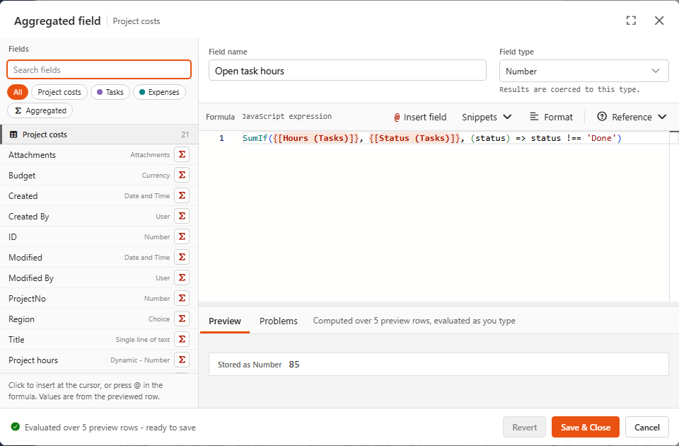 Open task hours: SumIf with a test function over a reference child