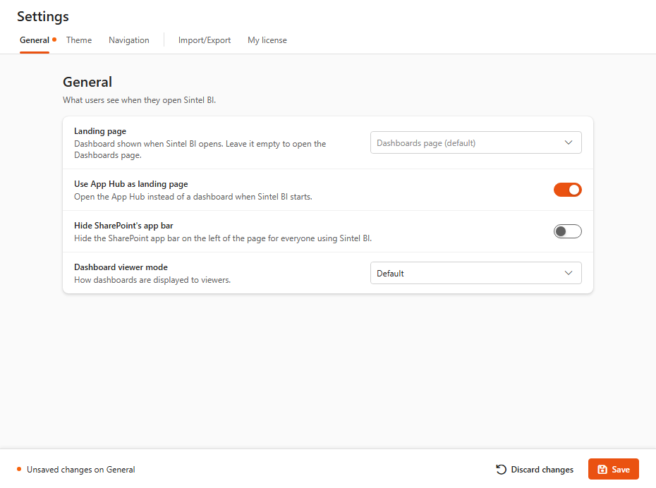 Settings page, General tab with Use App Hub as landing page switched on