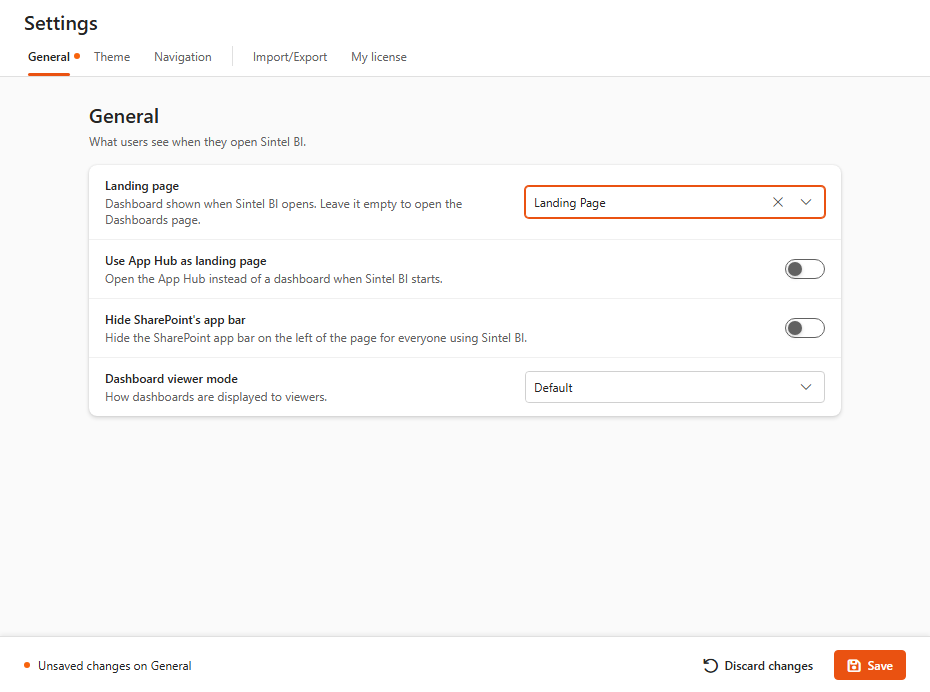 Settings page, General tab