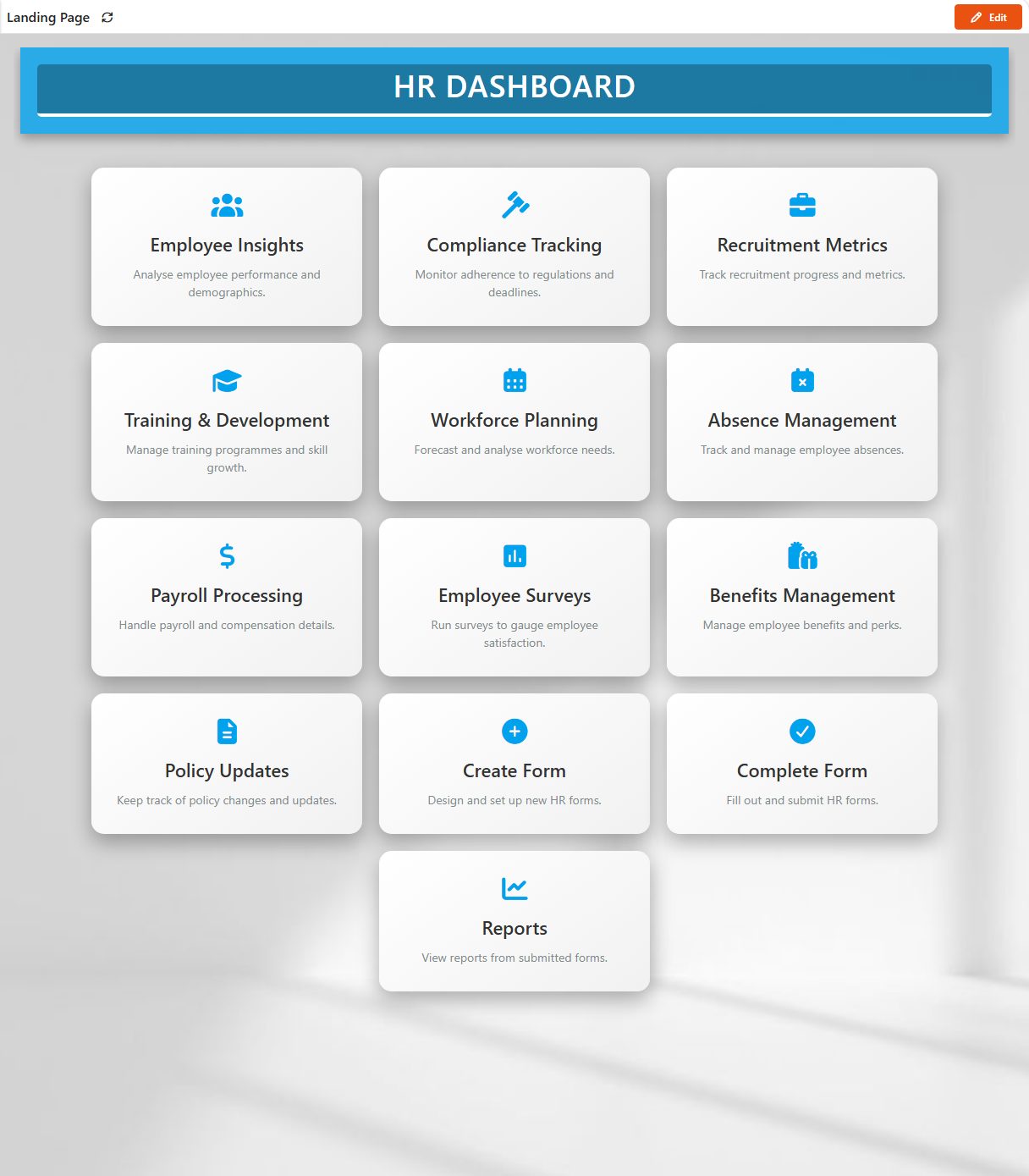 An HR app start page with tiles for each area