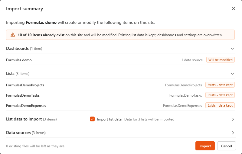 Import summary dialog for FormulasDemo