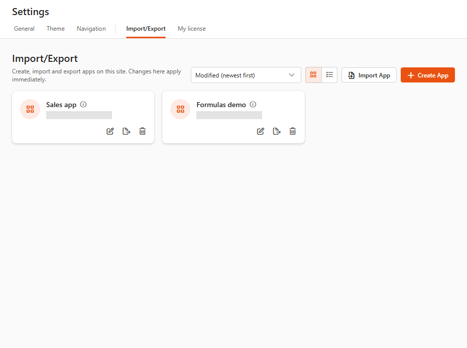 Settings page, Import/Export tab in grid view with two app tiles, the Import App and Create App buttons at the top