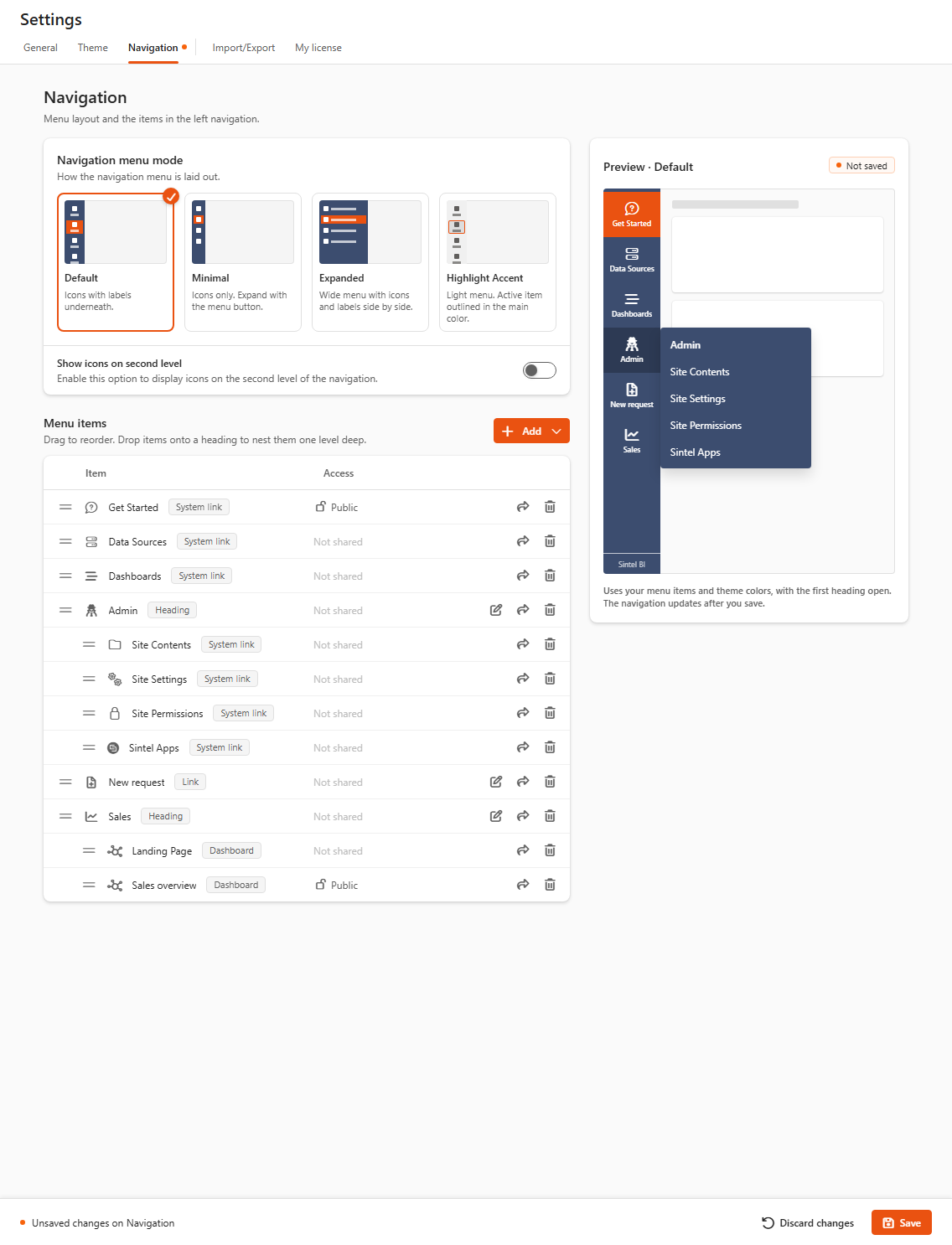 Settings page, Navigation tab