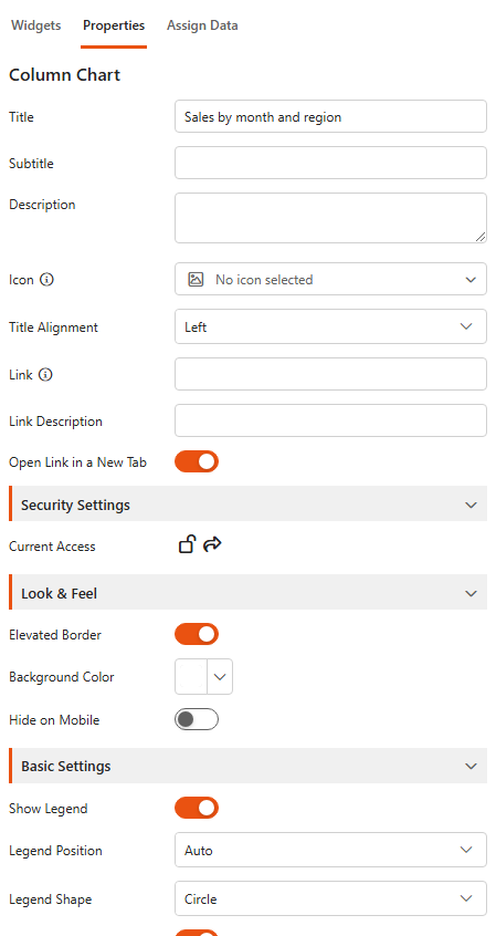 Properties tab of a Column chart: title, link, Security Settings and Look & Feel