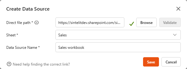 Create Data Source dialog for Excel