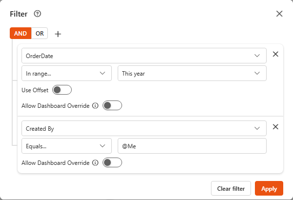 Filter dialog of a SharePoint data source with two rules (a date rule and a user rule) joined by AND