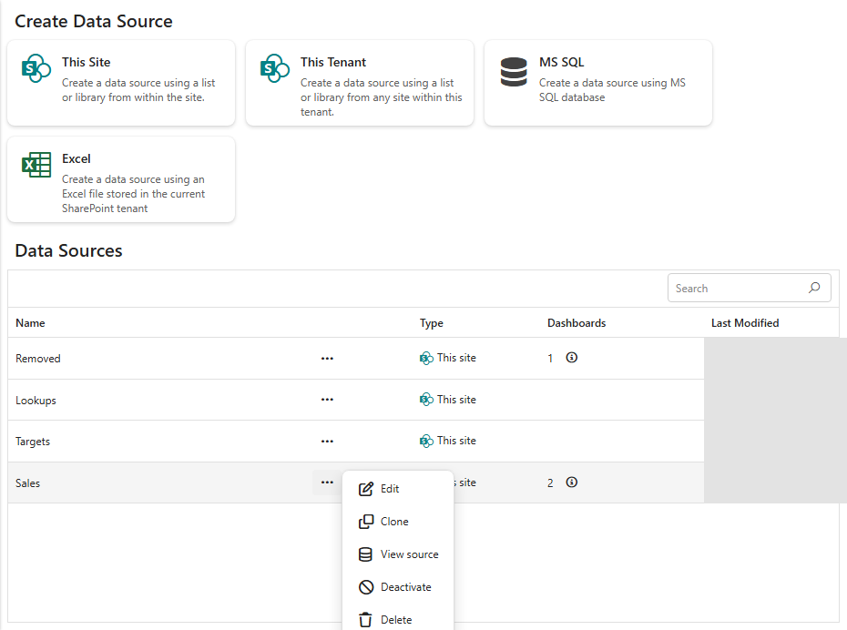 Data Sources list with the row menu of a This Site data source open