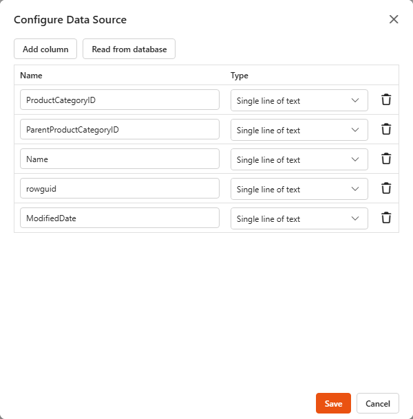 Configure Data Source dialog after Read from database