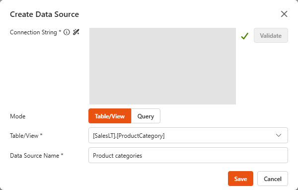 Create Data Source dialog for MS SQL in Table/View mode