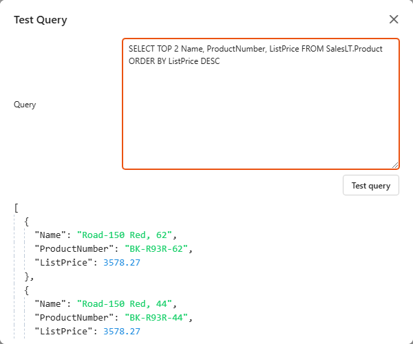 Test Query dialog with a short SELECT statement and its results below