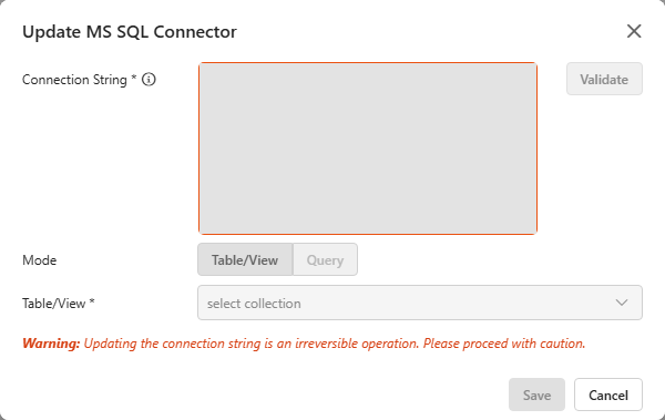 Update MS SQL Connector dialog with the warning text visible