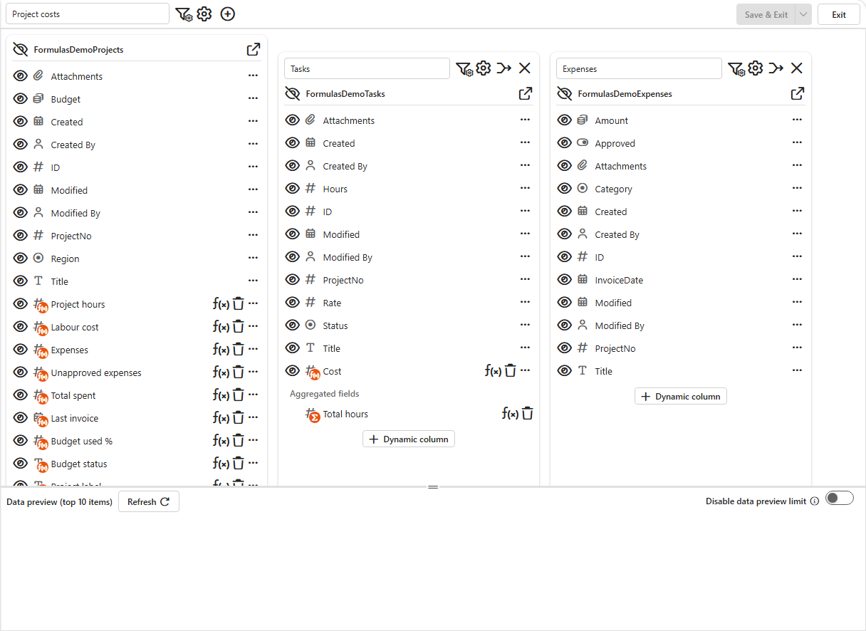 The finished Project costs data source