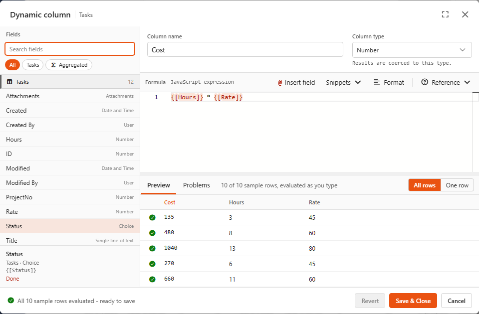 The Cost column of the Tasks data source