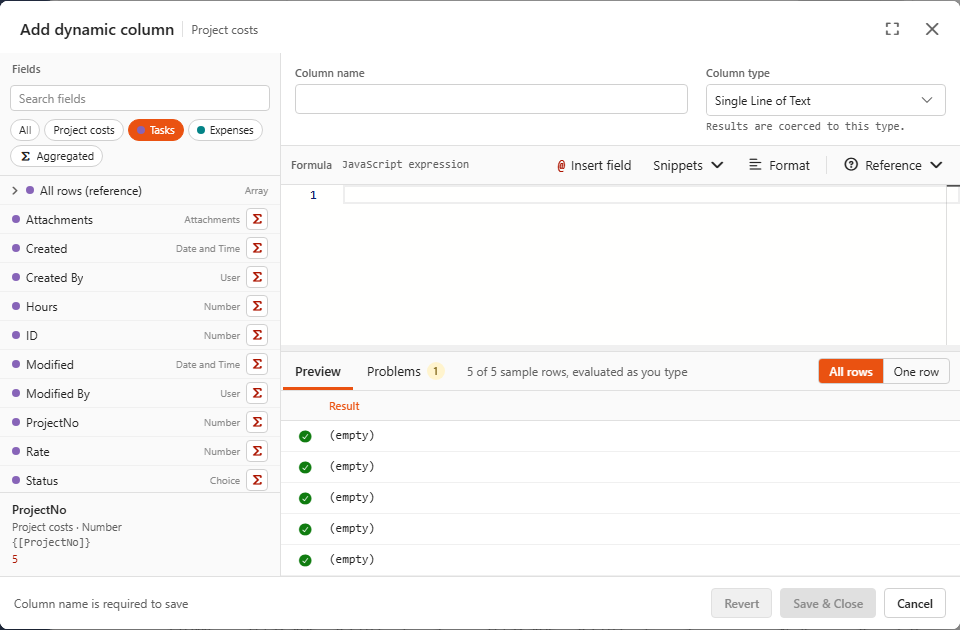 Fields list with the Tasks and Expenses sections