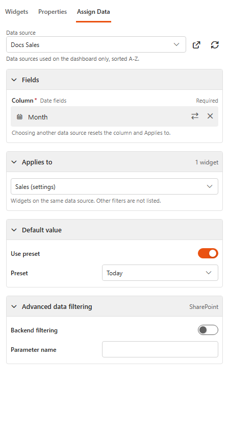 Designer, Assign Data tab of a Date filter
