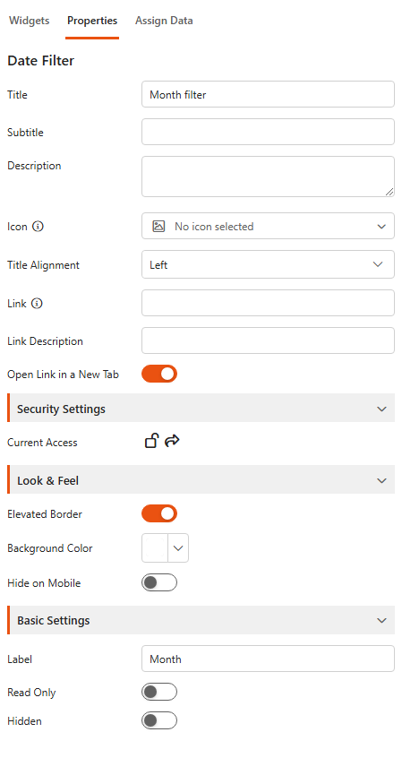 Designer, Properties tab of a Date filter