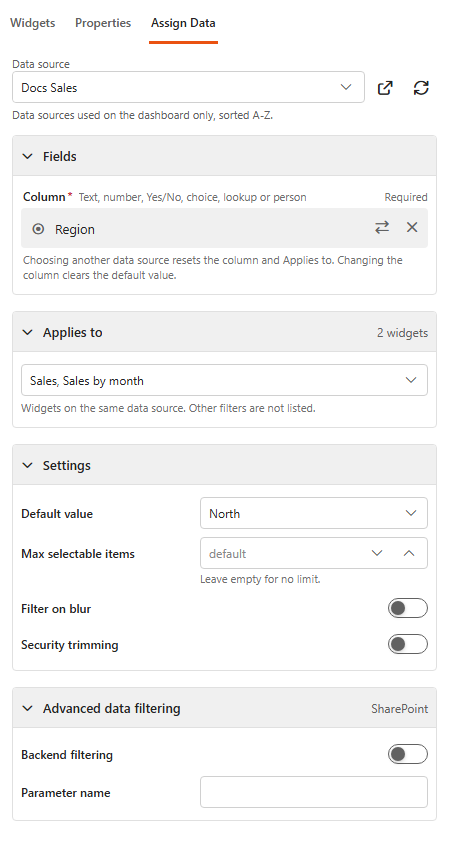 Designer, Assign Data tab of a Dropdown filter
