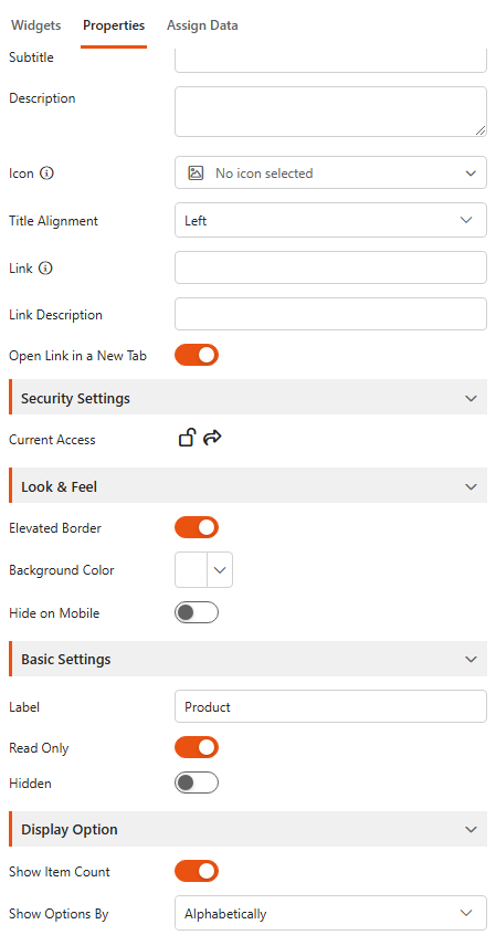 Designer, Properties tab of a Dropdown filter