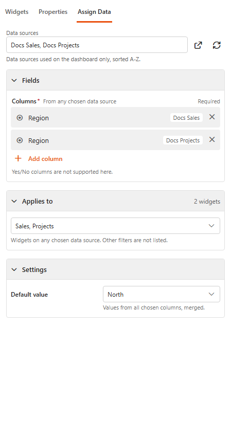 Designer, Assign Data tab of a Multi-Source Dropdown Filter