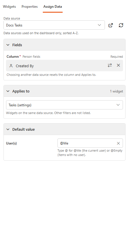 Designer, Assign Data tab of a User filter