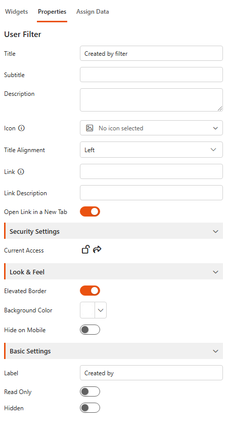 Designer, Properties tab of a User filter