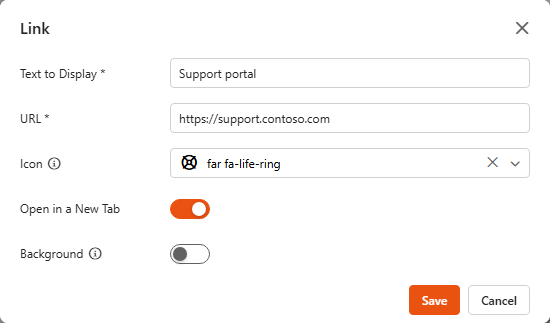 The Link dialog of a Button component with Text to Display, URL, Icon and Open in a New Tab filled in