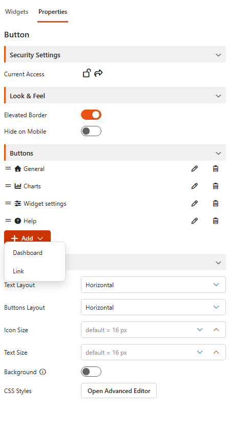 Designer, Properties tab of a Button component