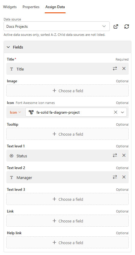 Designer, Assign Data tab of a Card