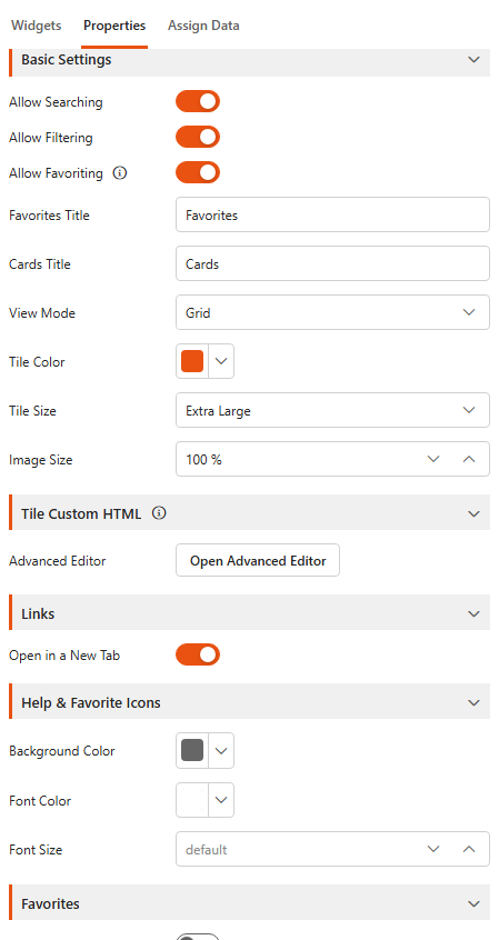 Designer, Properties tab of a Card