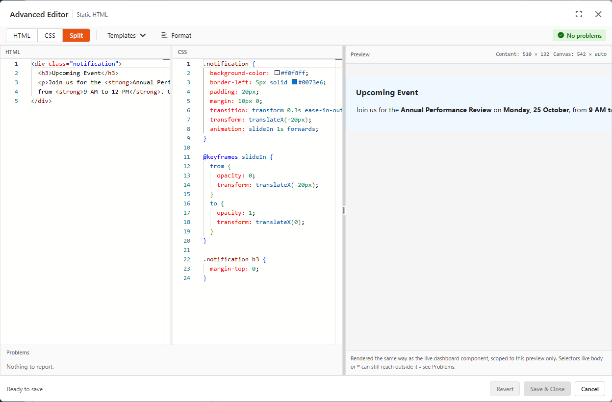 Advanced Editor dialog in Split view with the notification card example
