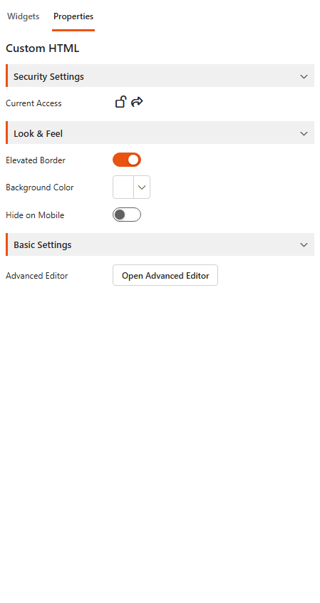 Designer, Properties tab of a Custom HTML component