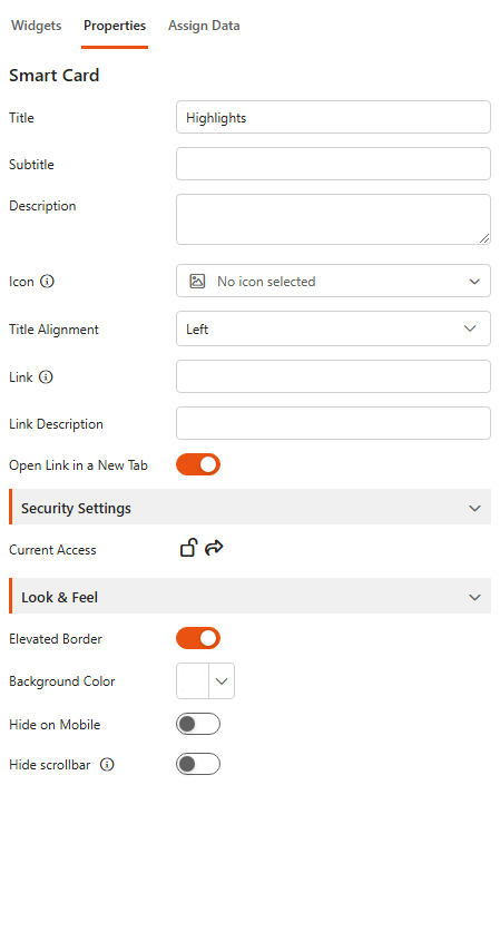Designer, Properties tab of a Smart Card