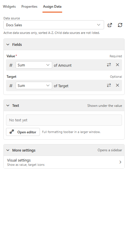 Designer, Assign Data tab of a Summary Card