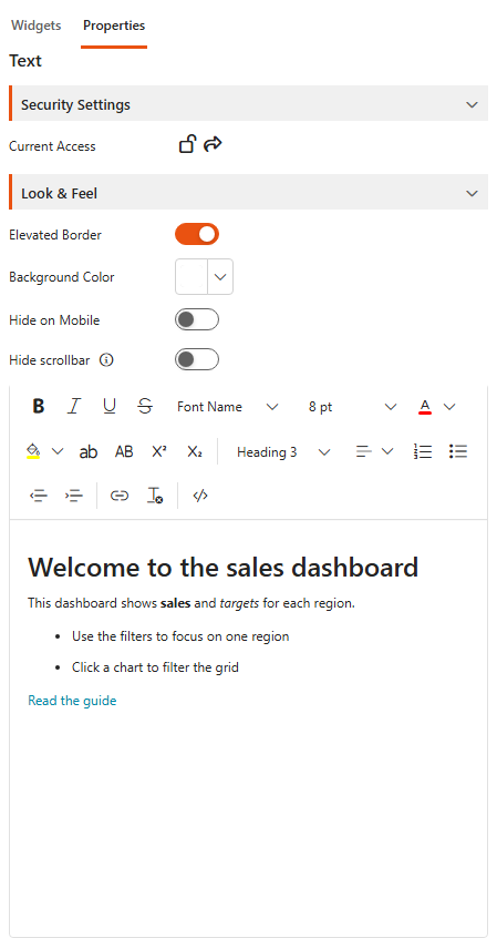 Designer, Properties tab of a Text component