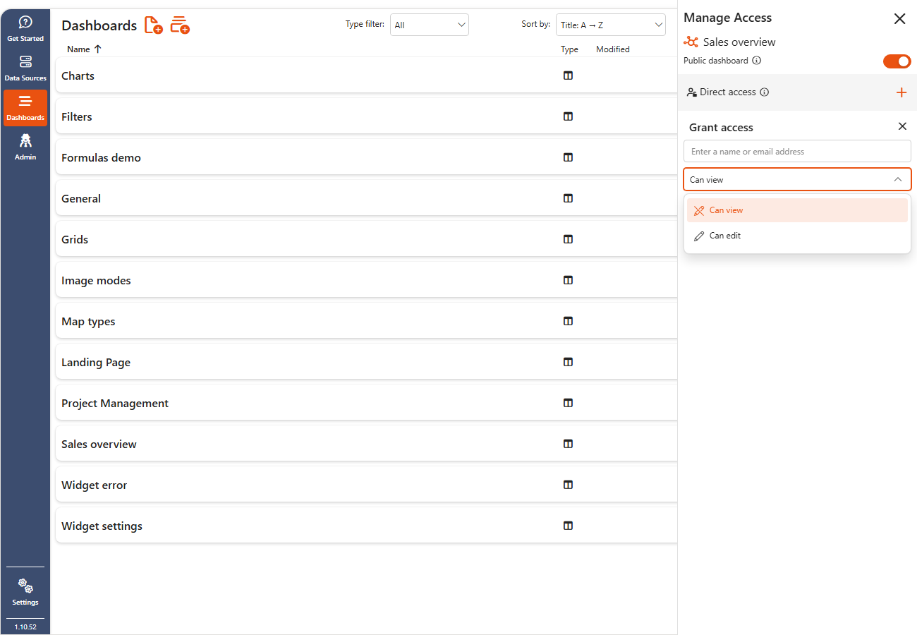 Dashboards page with the Manage Access panel open for a dashboard