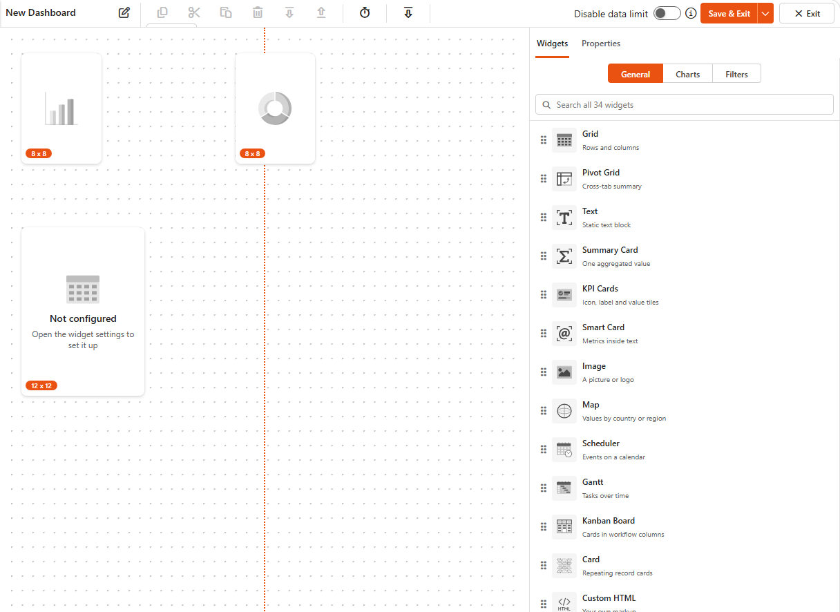 Dashboard designer with the Widgets tab open and a few components (a chart and a grid) placed on the dashboard but not yet connected to data