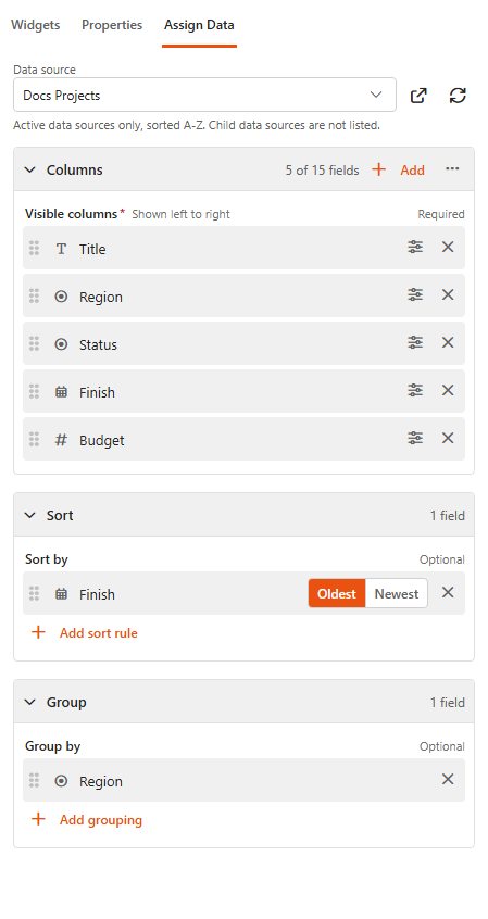 Designer, Assign Data tab of a Grid
