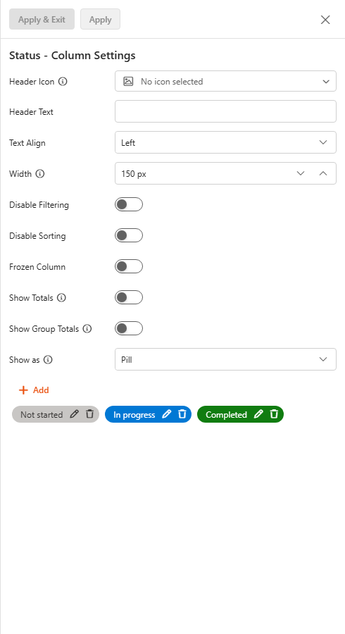 Column Settings sidebar of a Status column with Show as Pill and three pills (Not started grey, In progress blue, Done green)
