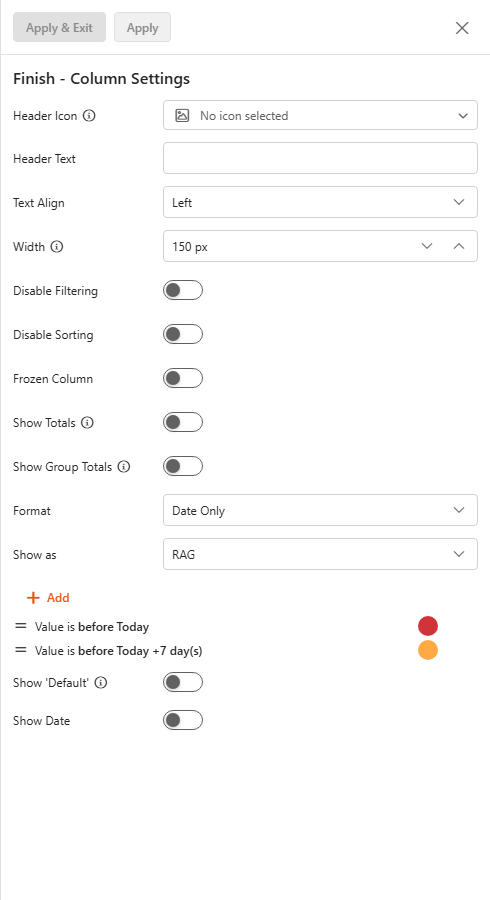 Column Settings sidebar of a Due date column with Show as RAG and two date conditions (overdue = red, due within 7 days = amber)