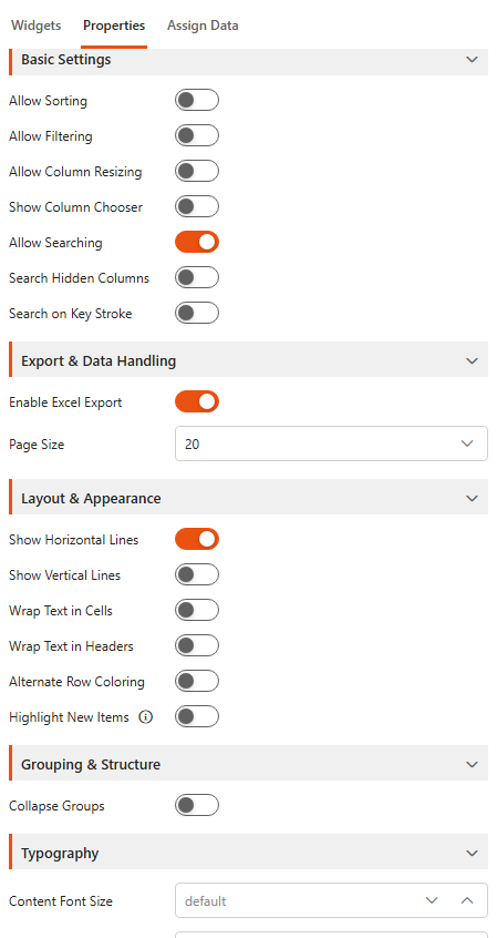 Designer, Properties tab of a Grid