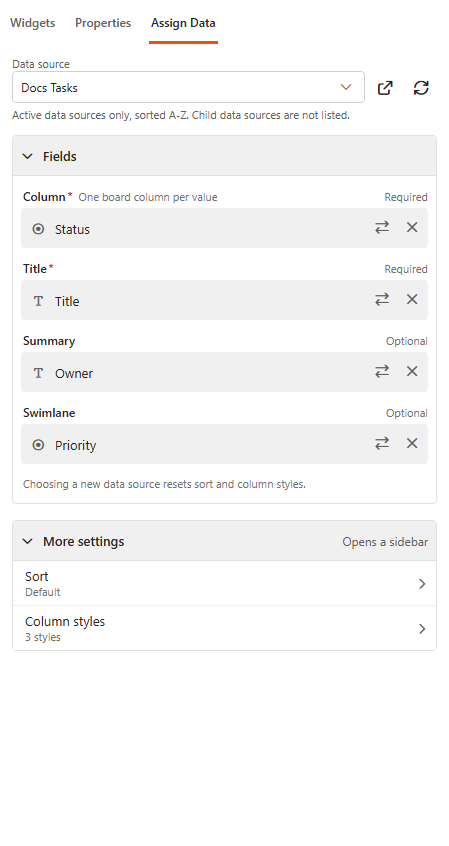Designer, Assign Data tab of a Kanban Board