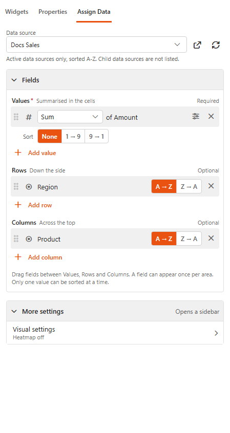 Designer, Assign Data tab of a Pivot Grid