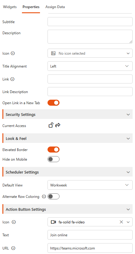Designer, Properties tab of a Scheduler