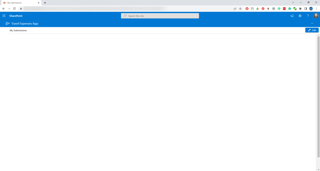 A SharePoint page where the Sintel BI dashboard should be, showing only a blank area