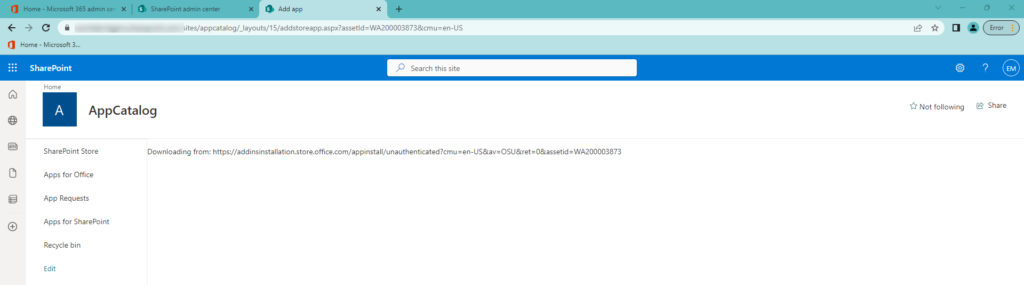 Tenant app catalog stuck on "Downloading from" the store while updating Sintel BI