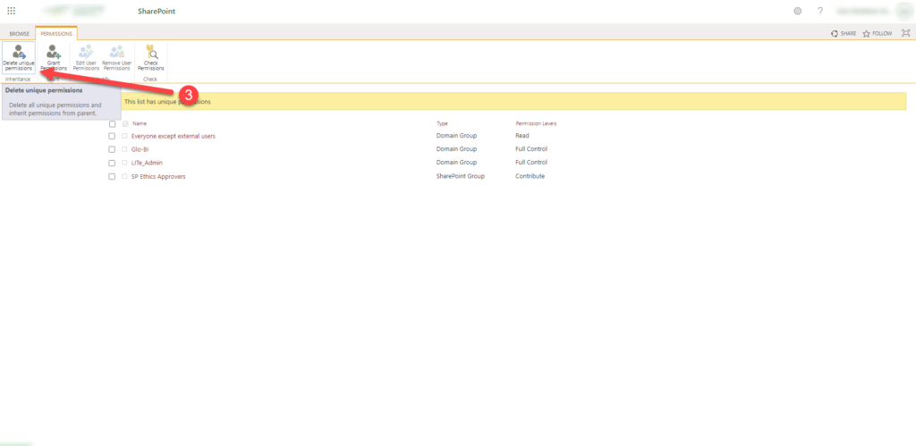 List permissions page with Delete unique permissions in the ribbon