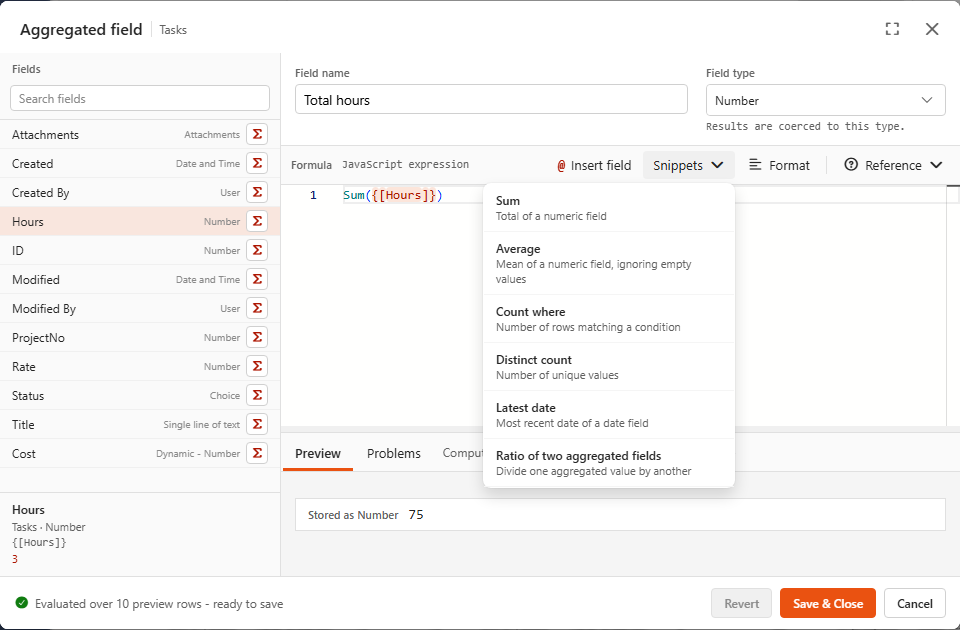 Snippets menu of an aggregated field