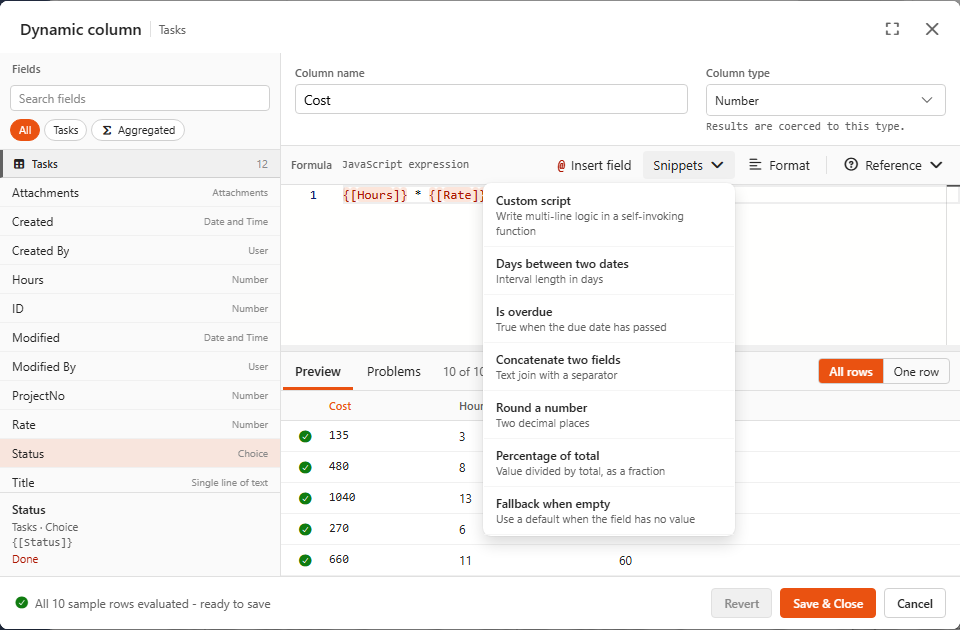 Snippets menu of a dynamic column