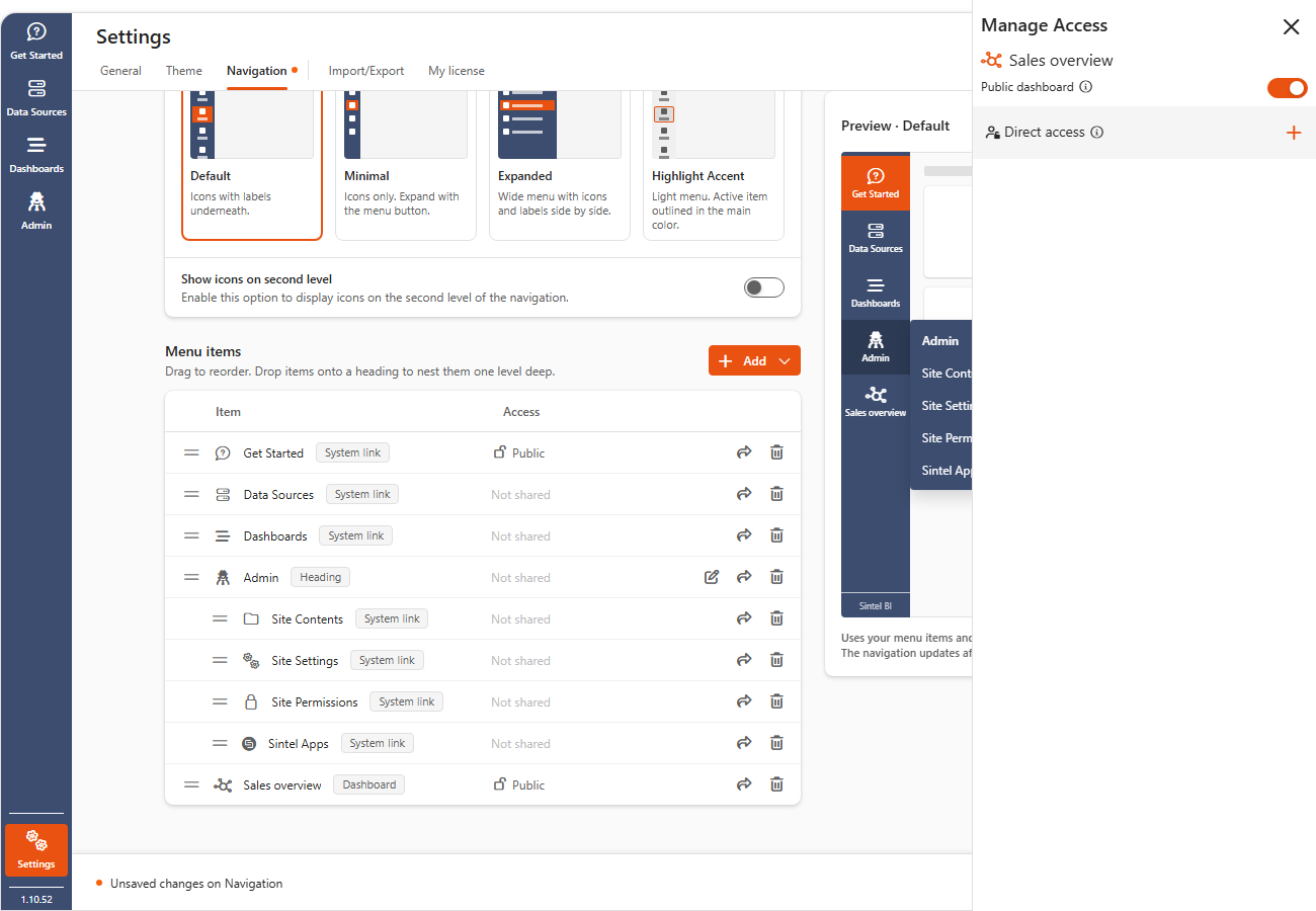 Settings > Navigation with the Manage Access panel open for a dashboard and Public dashboard switched on